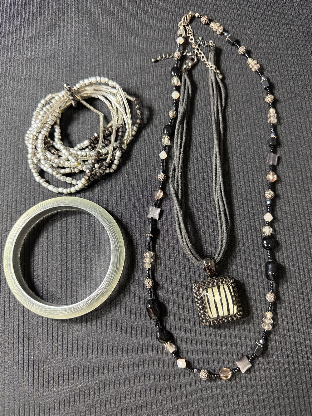 Black and Silver Mixed Bead Necklace Set with Zebra Pendant